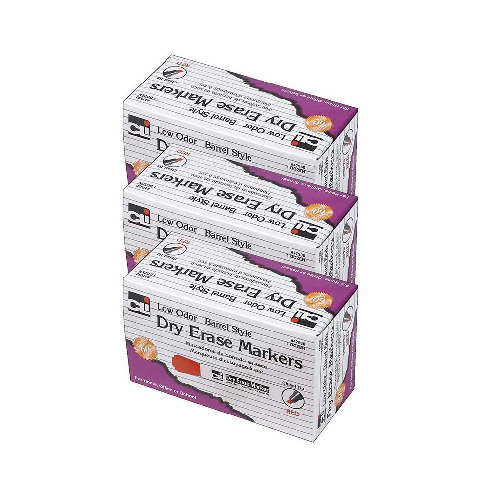 Dry Erase Markers, Barrel Style, Chisel Tip, Red, 12 Per Pack, 3 Packs. Picture 1