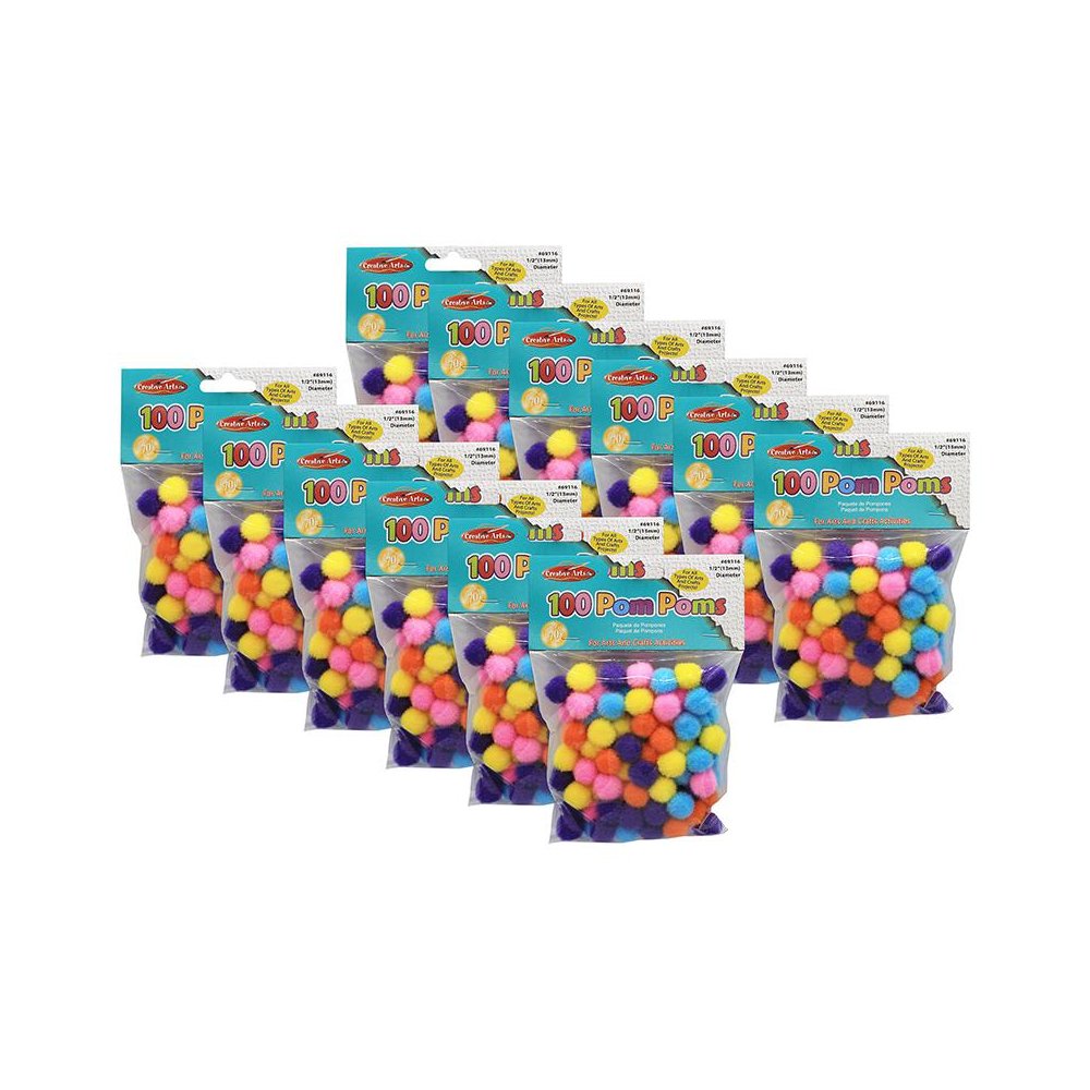 Pom-Poms, 1/2", Hot Colors, 100 Per Pack, 12 Packs. Picture 1