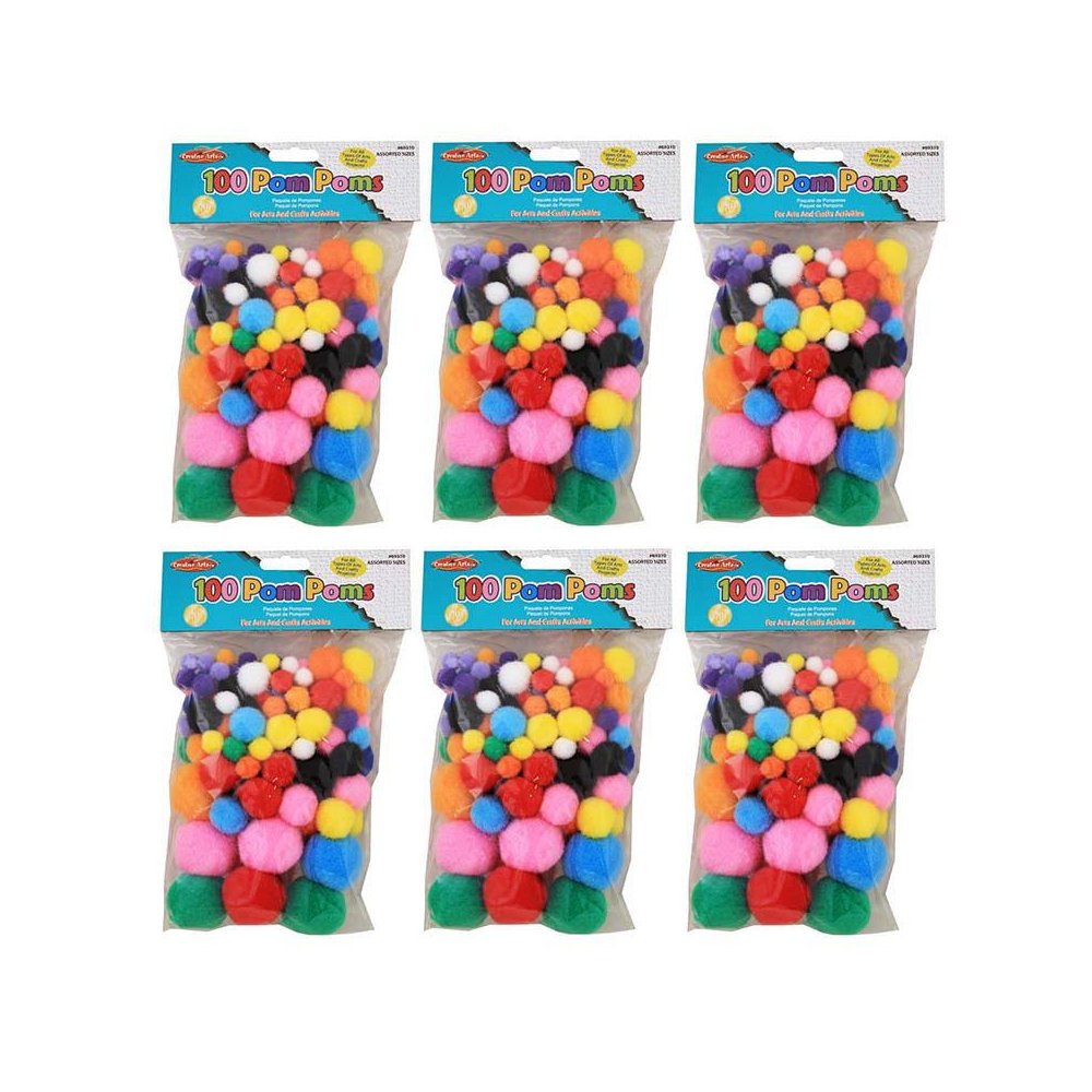 Pom-Poms, Assorted Sizes/Colors, 100 Per Bag, 6 Bags. Picture 1