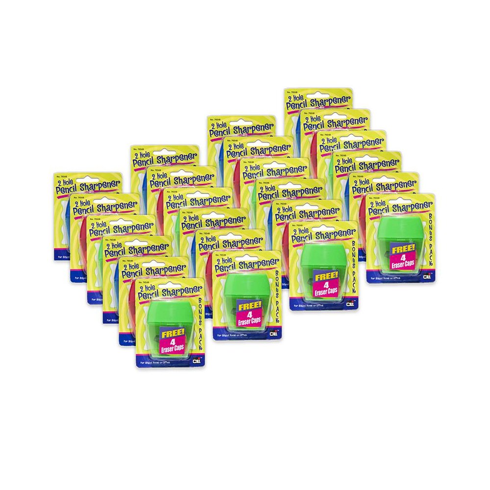 3 Hole Pencil Sharpener w/catcher, Assorted Colors, 12 per Pack, 2 Packs. Picture 1