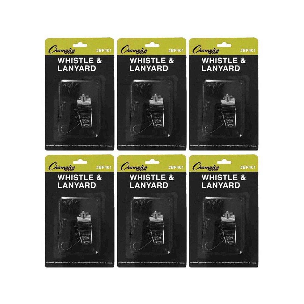 Metal Whistle & Black Lanyard Pack, 6 Packs. Picture 1