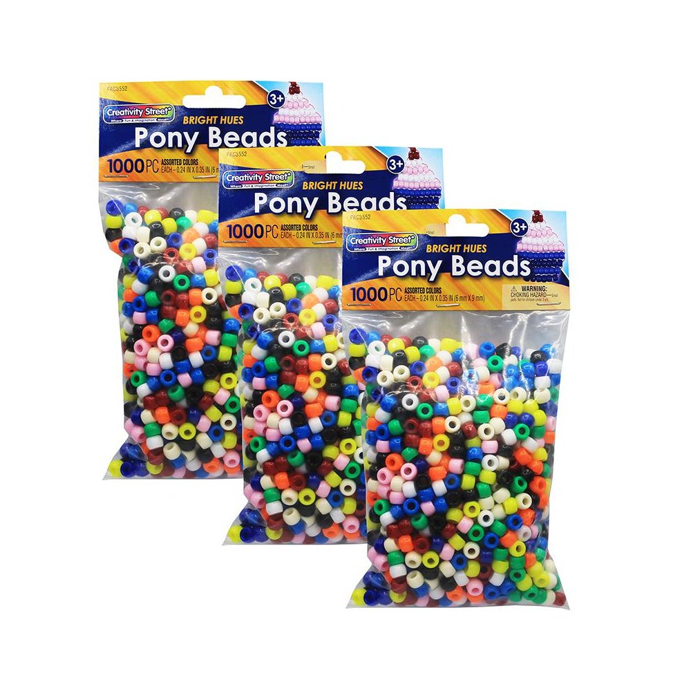 Pony Beads, Assorted Bright Hues, 6 mm x 9 mm, 1000 Per Pack, 3 Packs. Picture 1