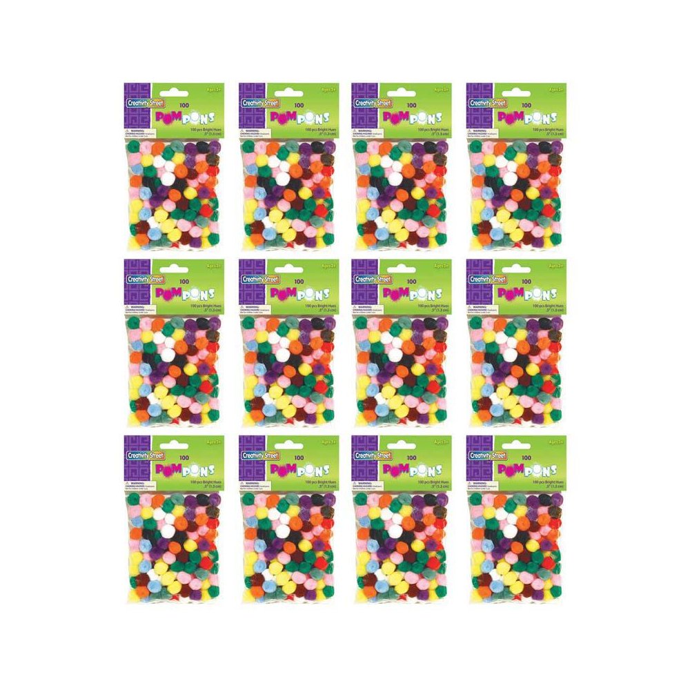 Pom Pons, Bright Hues Assortment, 0.5", 100 Pieces Per Pack, 12 Packs. Picture 1