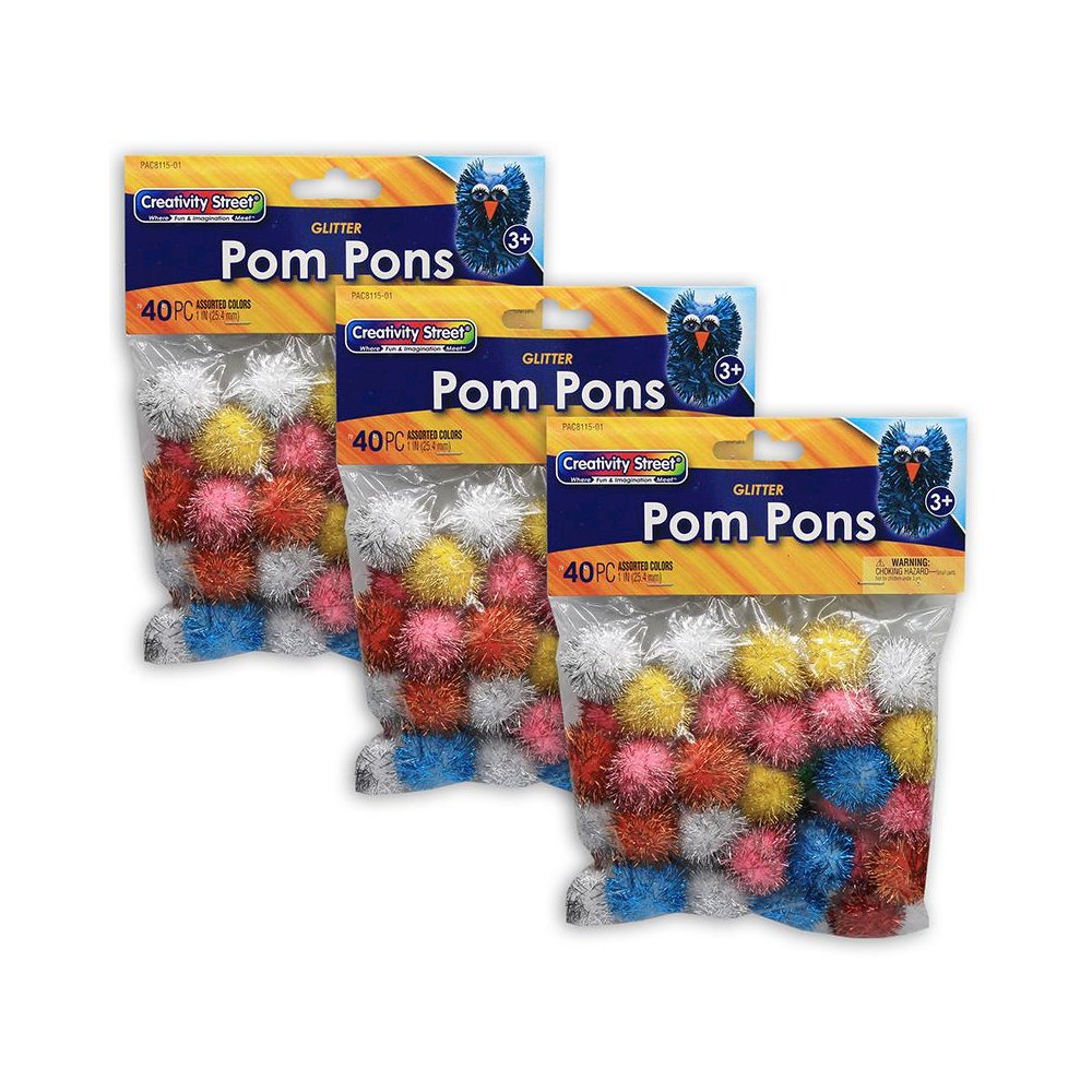 Glitter Pom Pons, Assorted Colors, 1", 40 Pieces Per Pack, 3 Pack. Picture 1