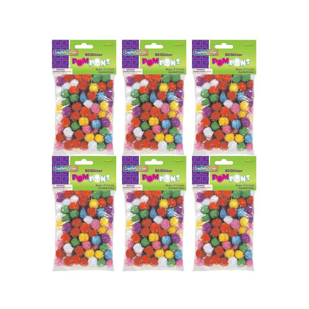 Glitter Pom Pons, Assorted Colors, 1/2", 80 Per Pack, 6 Packs. Picture 1