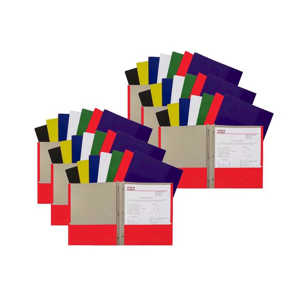 Recycled Two-Pocket Paper Portfolios with Prongs, Assorted Colors, Pack of 48. Picture 1