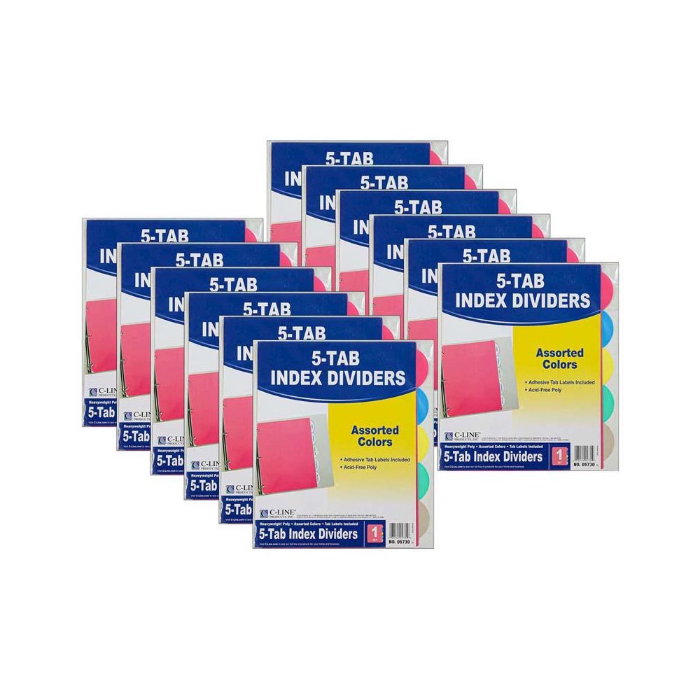 Poly Index Dividers, 5 Tabs, Assorted Colors, 12 Packs. Picture 1