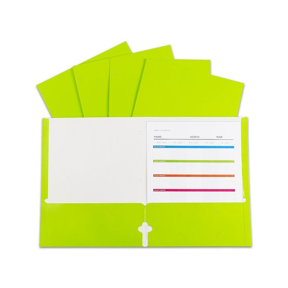 2-Pocket Laminated Paper Portfolios with 3-Hole Punch, Lime Green, Box of 25. Picture 1