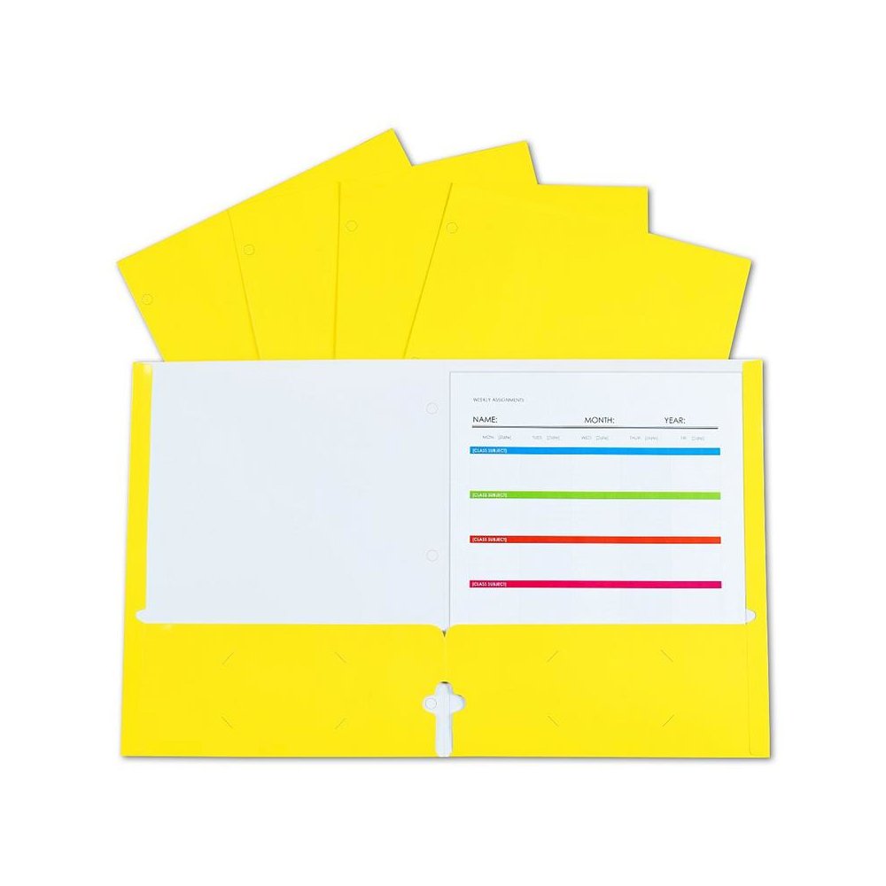 2-Pocket Laminated Paper Portfolios with 3-Hole Punch, Yellow, Box of 25. Picture 1