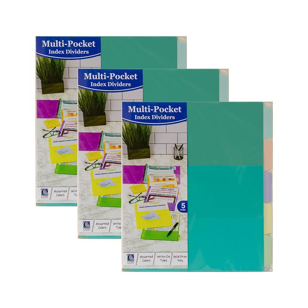 5-Tab Index Dividers with Multi-Pockets, Bright Color Assortment, 3 Sets. Picture 1
