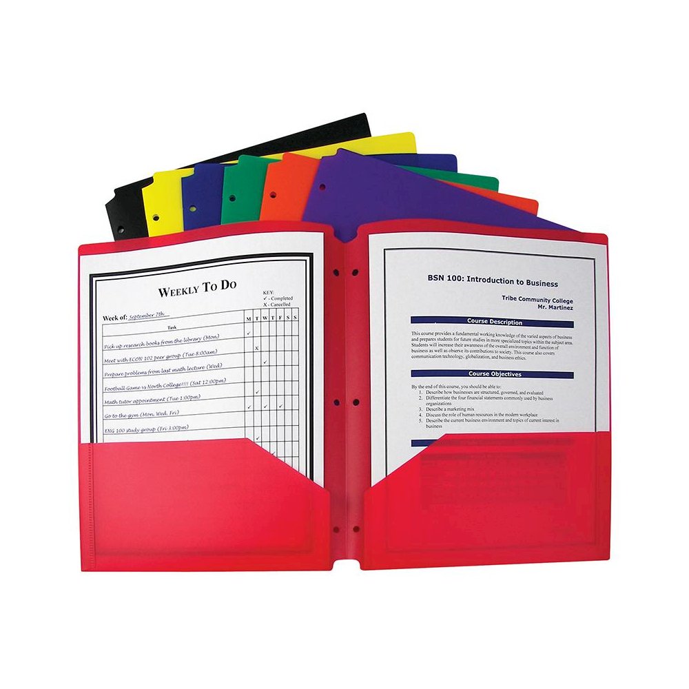 BX OF 36 TWO POCKET POLY PORTFOLIOS THREE HOLE PUNCH ASSORTED COLORS. Picture 1