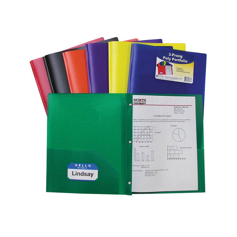 TWO POCKET POLY PORTFOLIOS 36/BOX ASSORTED WITH PRONGS. Picture 1