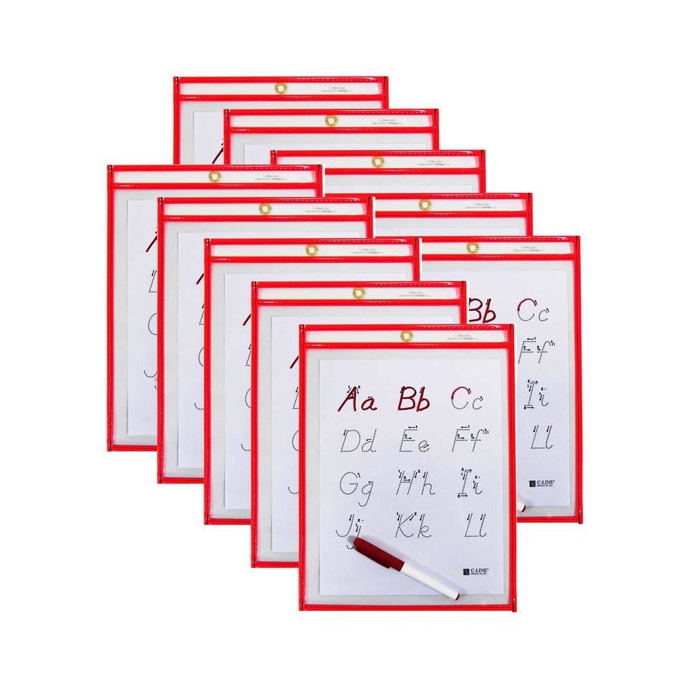 Reusable Dry Erase Pocket - Study Aid, Neon Red, 9" x 12", Pack of 10. Picture 1
