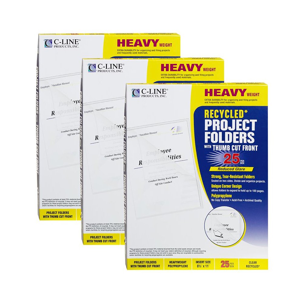 Recycled Poly Project Folders, Clear, Reduced Glare, 25 Per Box, 3 Boxes. Picture 1