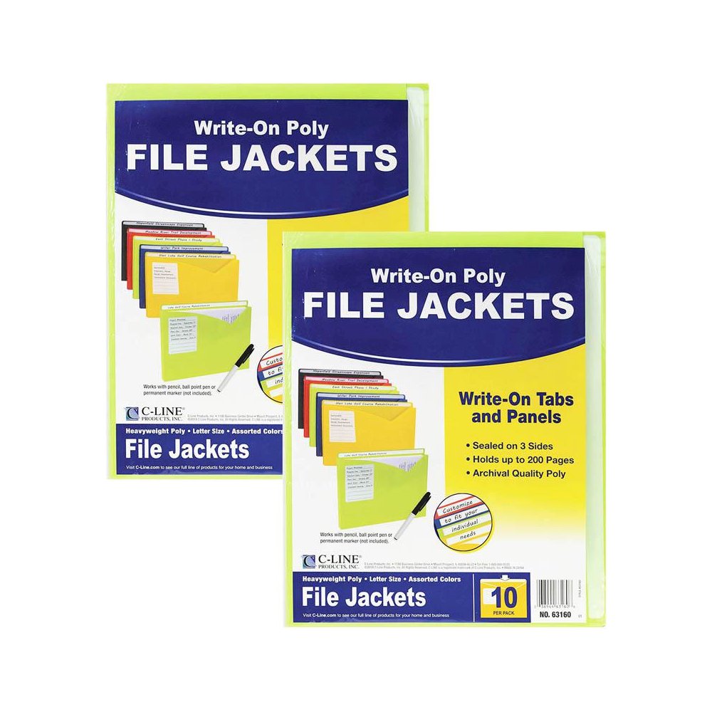 Write-On Poly File Jackets, Assorted Colors, 11" x 8-1/2", 10 Per Pack, 2 Packs. Picture 1