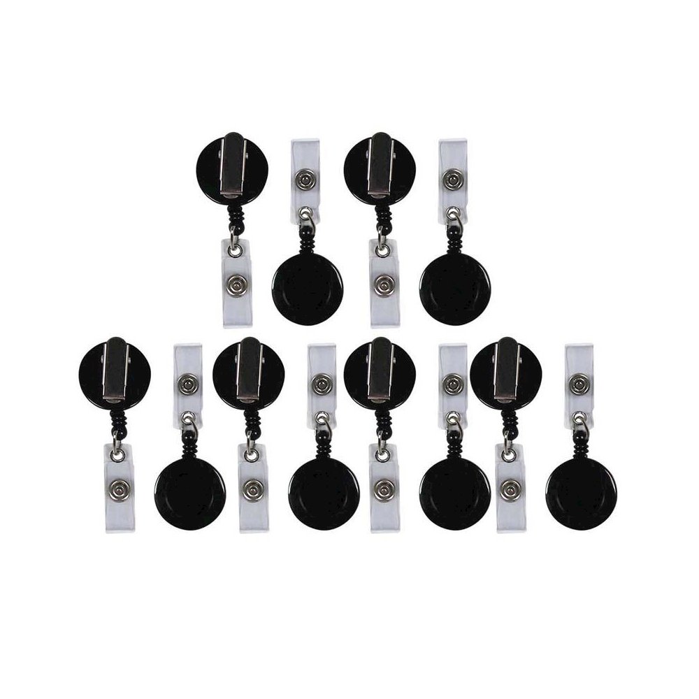 Retracting ID Card Reels, Black, Swiveling Spring Clip, Pack of 12. Picture 1