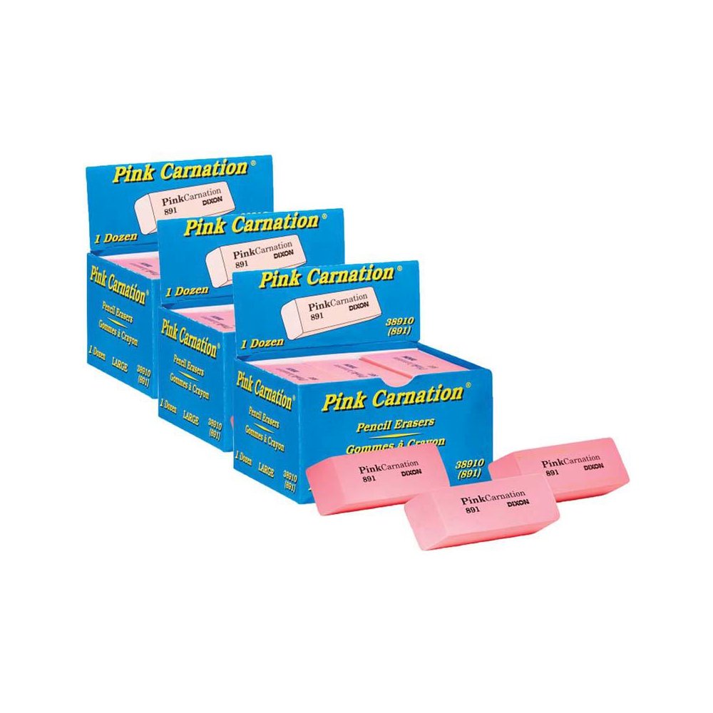 Pink Carnation Erasers, Large, 2-9/16 x 1 x 7/16, 12 Per Pack, 3 Packs. Picture 1