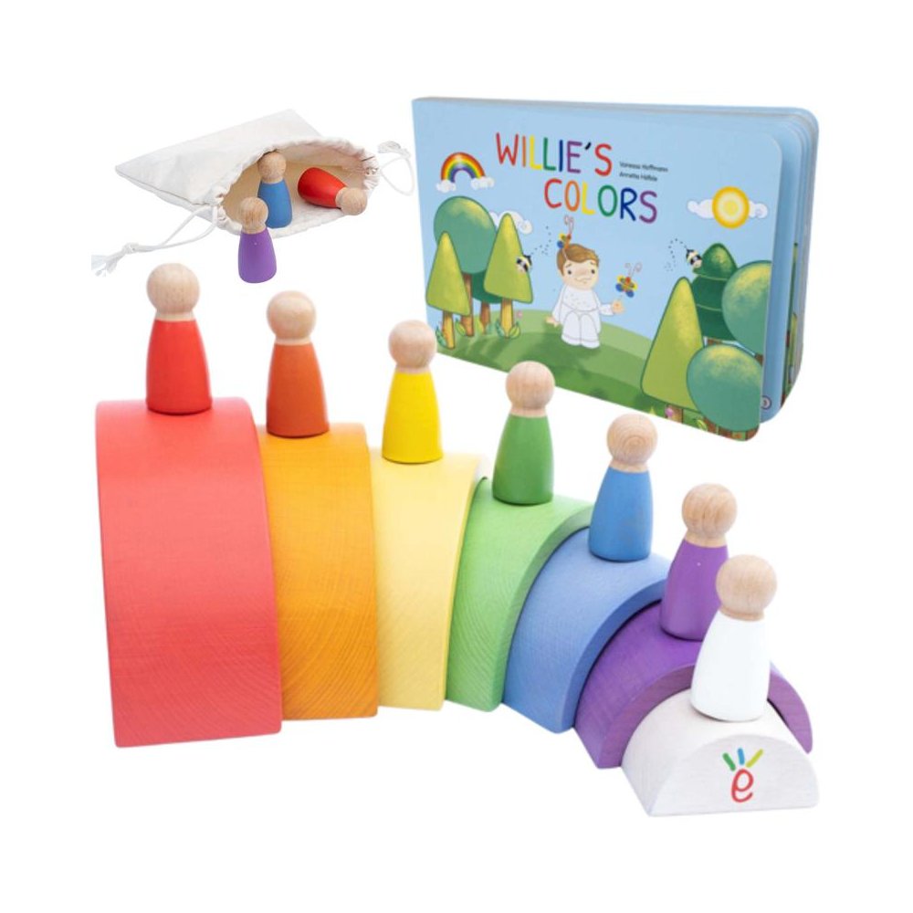 Willie's Rainbow World Wooden Arches And Peg Dolls Set With Book. Picture 1