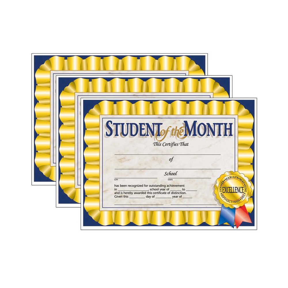 Student of the Month Certificate, 8.5" x 11", 30 Per Pack, 3 Packs. Picture 1