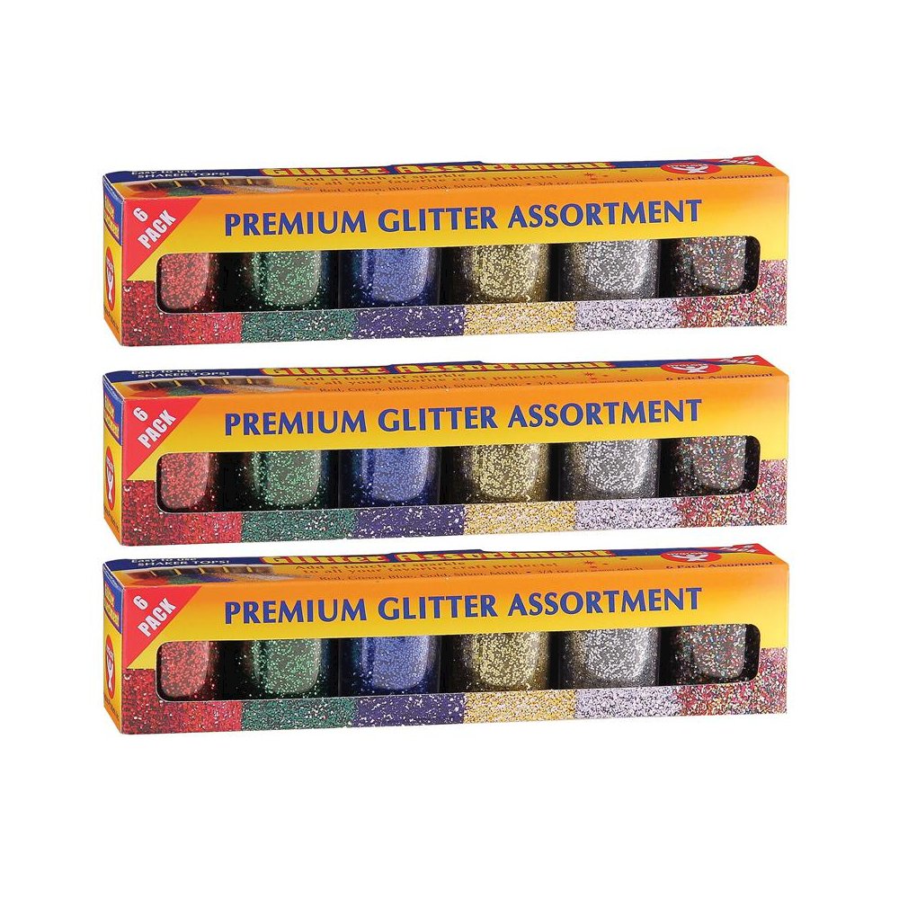 Premium Glitter Assortment, 6 Colors Per Pack, 3 Packs. Picture 1