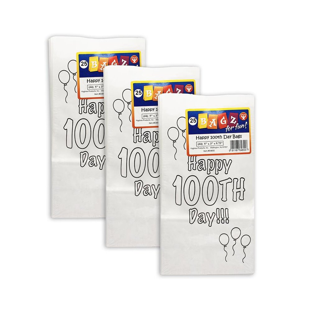 Happy 100th Day Paper Bags, 25 Per Pack, 3 Packs. Picture 1