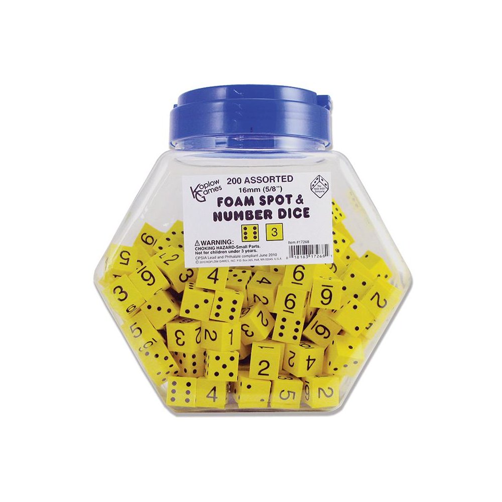 16MM FOAM DICE TUB OF 200 YELLOW SPOT & NUMBER. Picture 1