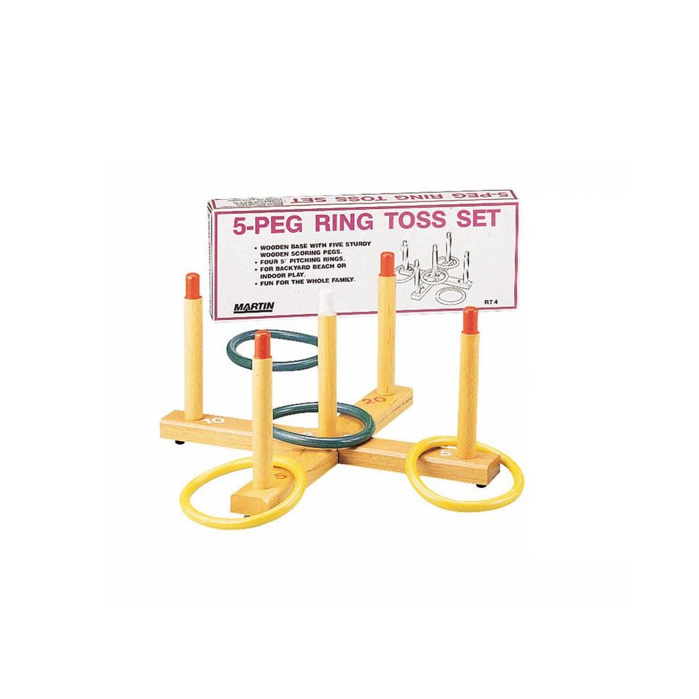 RING TOSS GAME 5-PEG BASE WOOD PEGS 4 PLASTIC RINGS. Picture 1