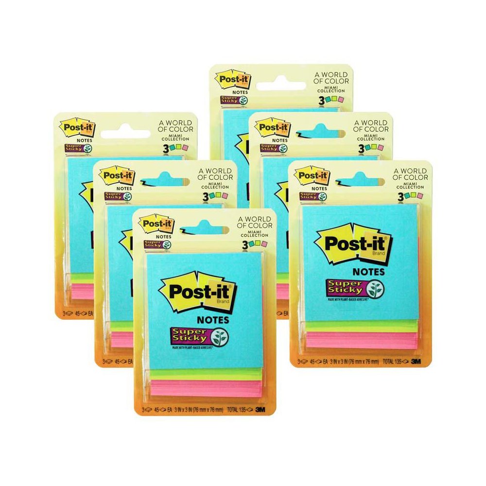 Super Sticky Notes, 3" x 3", Miami Collection, 3 Pads/Pack, 6 Packs. Picture 1