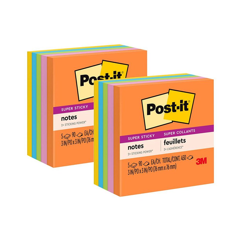 Super Sticky Notes, 3 in x 3 in, Energy Boost Collection, 5 Pads/Pack, 2 Packs. Picture 1