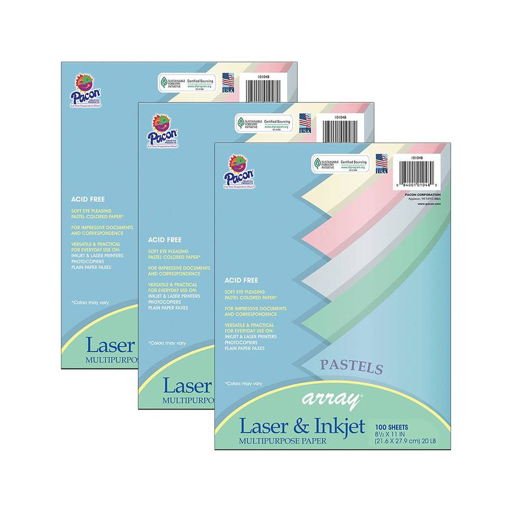 Pastel Multipurpose Paper Array, 8-1/2" x 11", 100 Sheets Per Pack, 3 Packs. Picture 1