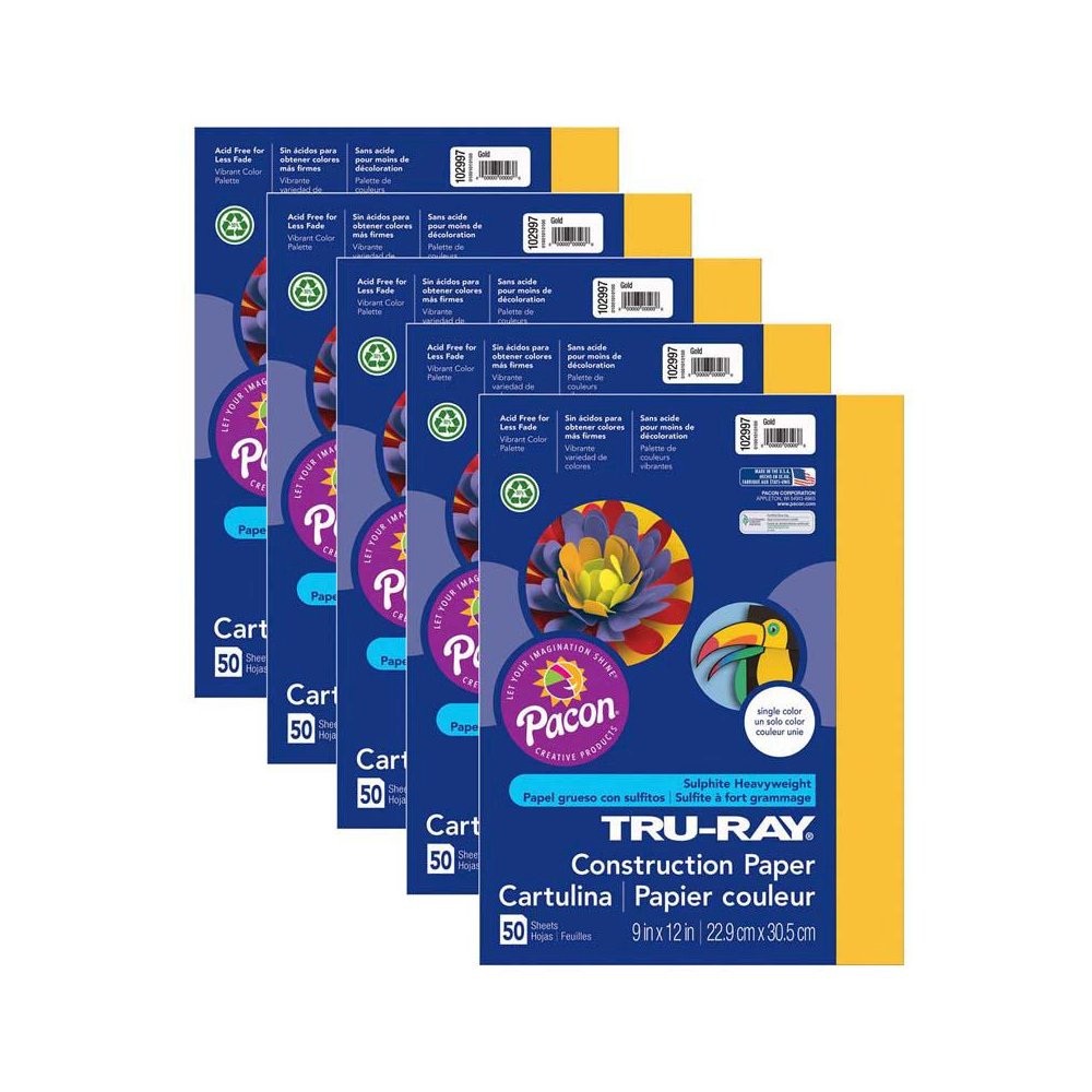 Construction Paper, Gold, 9" x 12", 50 Sheets Per Pack, 5 Packs. Picture 1