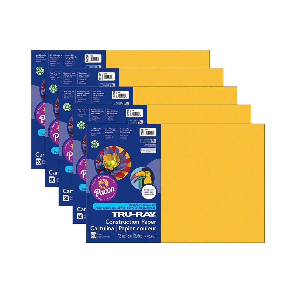 Construction Paper, Gold, 12" x 18", 50 Sheets Per Pack, 5 Packs. Picture 1