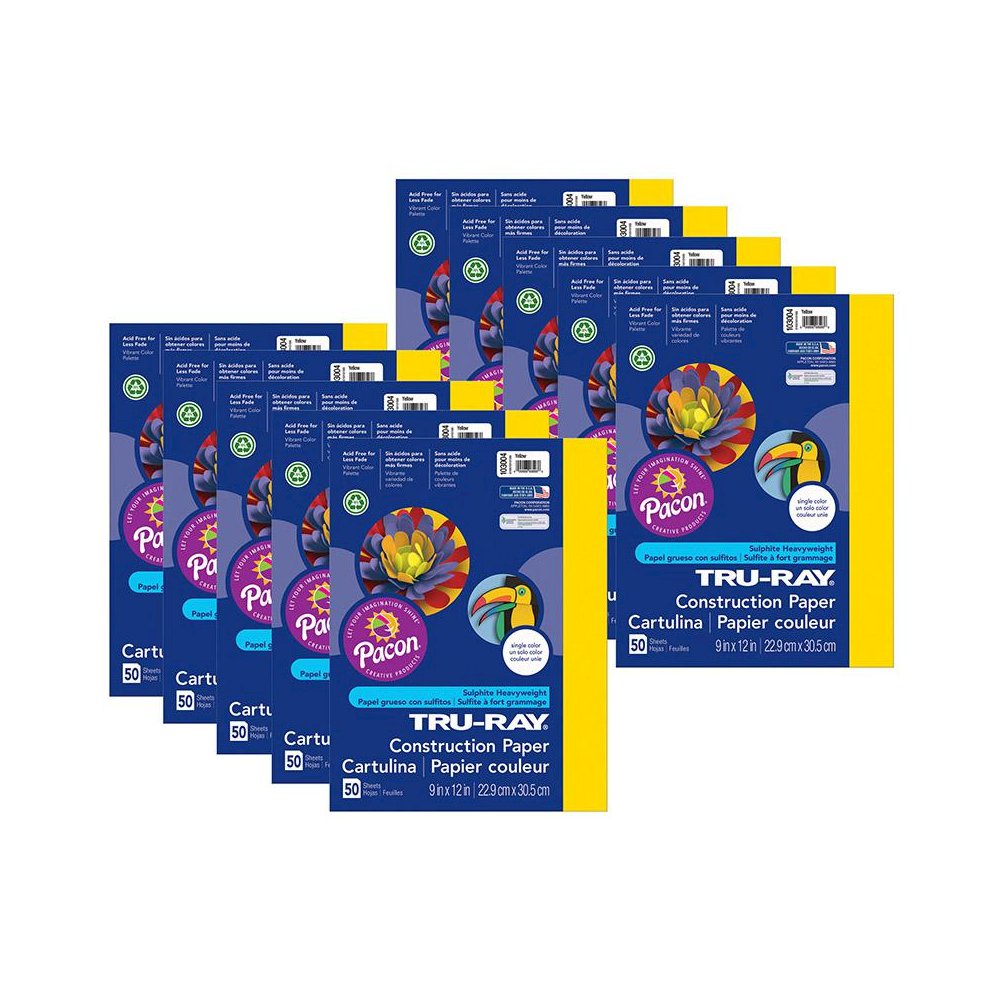 Construction Paper, Yellow, 9" x 12", 50 Sheets Per Pack, 10 Packs. Picture 1