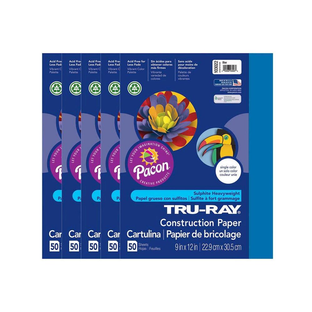 Construction Paper, Blue, 9" x 12", 50 Sheets Per Pack, 5 Packs. Picture 1