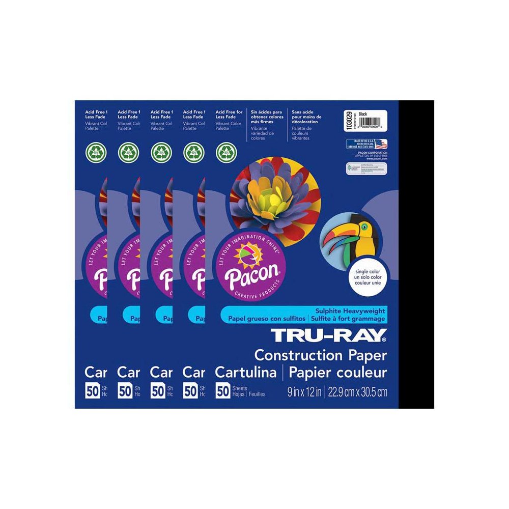 Construction Paper, Black, 9" x 12", 50 Sheets Per Pack, 5 Packs. Picture 1