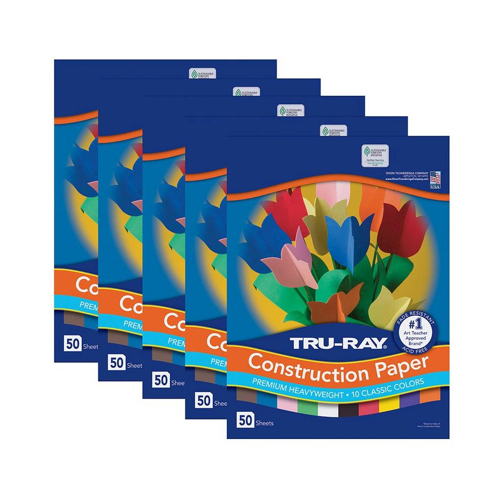 Construction Paper, Standard Assorted, 9" x 12", 50 Sheets Per Pack, 5 Packs. Picture 1