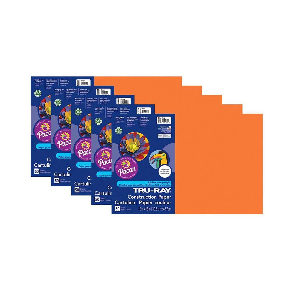Construction Paper, Orange, 12" x 18", 50 Sheets Per Pack, 5 Packs. Picture 1