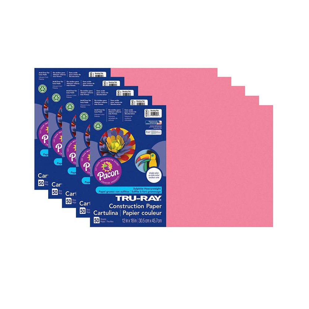Construction Paper, Shocking Pink, 12" x 18", 50 Sheets Per Pack, 5 Packs. Picture 1