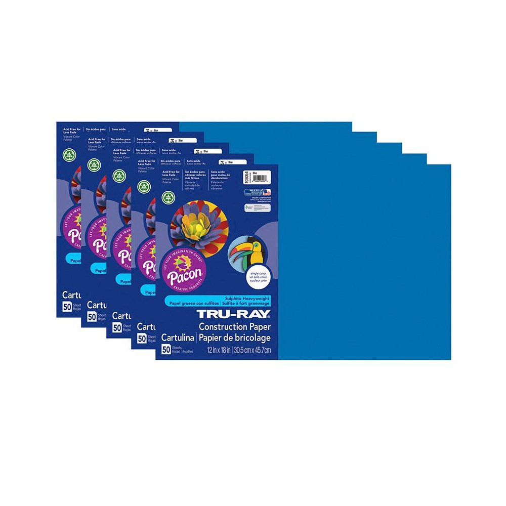 Construction Paper, Blue, 12" x 18", 50 Sheets Per Pack, 5 Packs. Picture 1