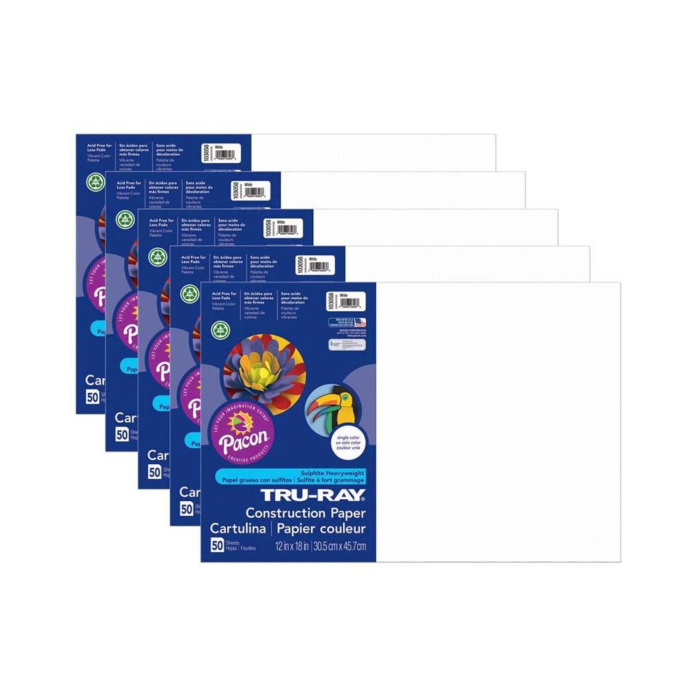 Construction Paper, White, 12" x 18", 50 Sheets Per Pack, 5 Packs. Picture 1