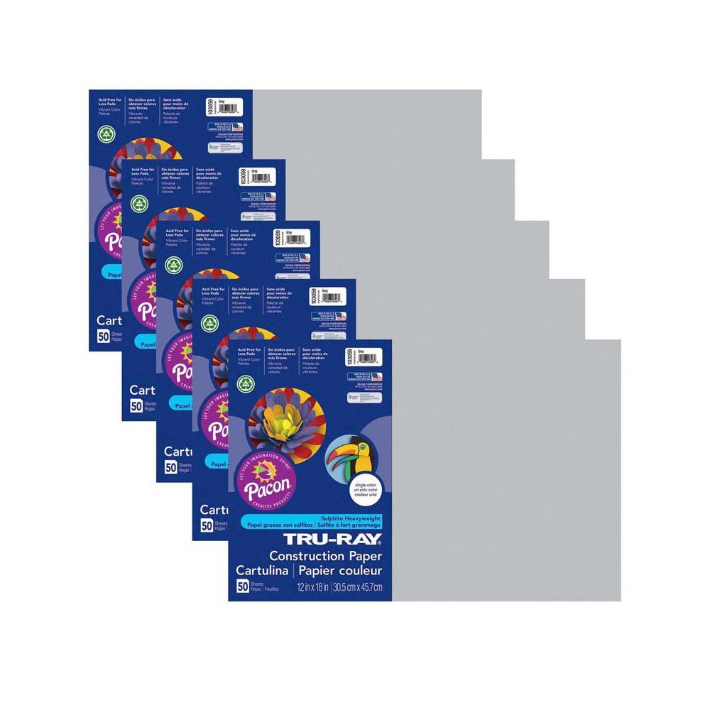Construction Paper, Gray, 12" x 18", 50 Sheets Per Pack, 5 Packs. Picture 1