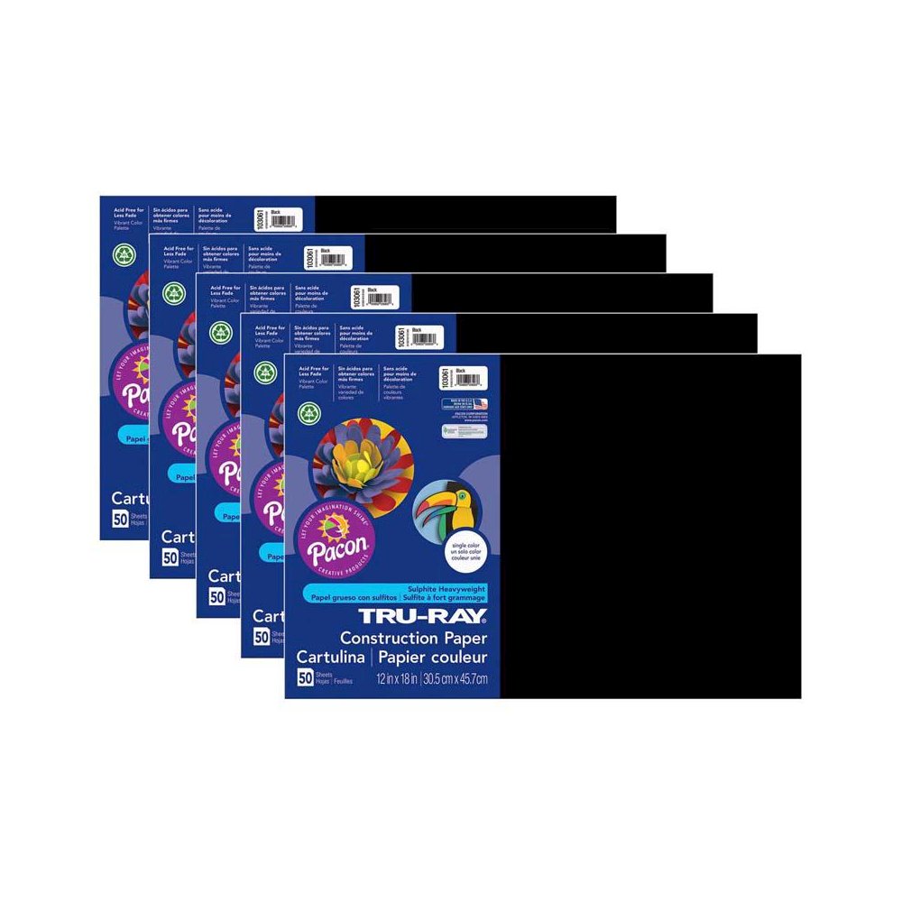 Construction Paper, Black, 12" x 18", 50 Sheets Per Pack, 5 Packs. Picture 1
