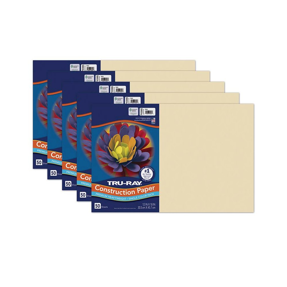 Fade-Resistant Construction Paper, Ivory, 12" x 18", 50 Sheets Per Pack, 5 Packs. Picture 1
