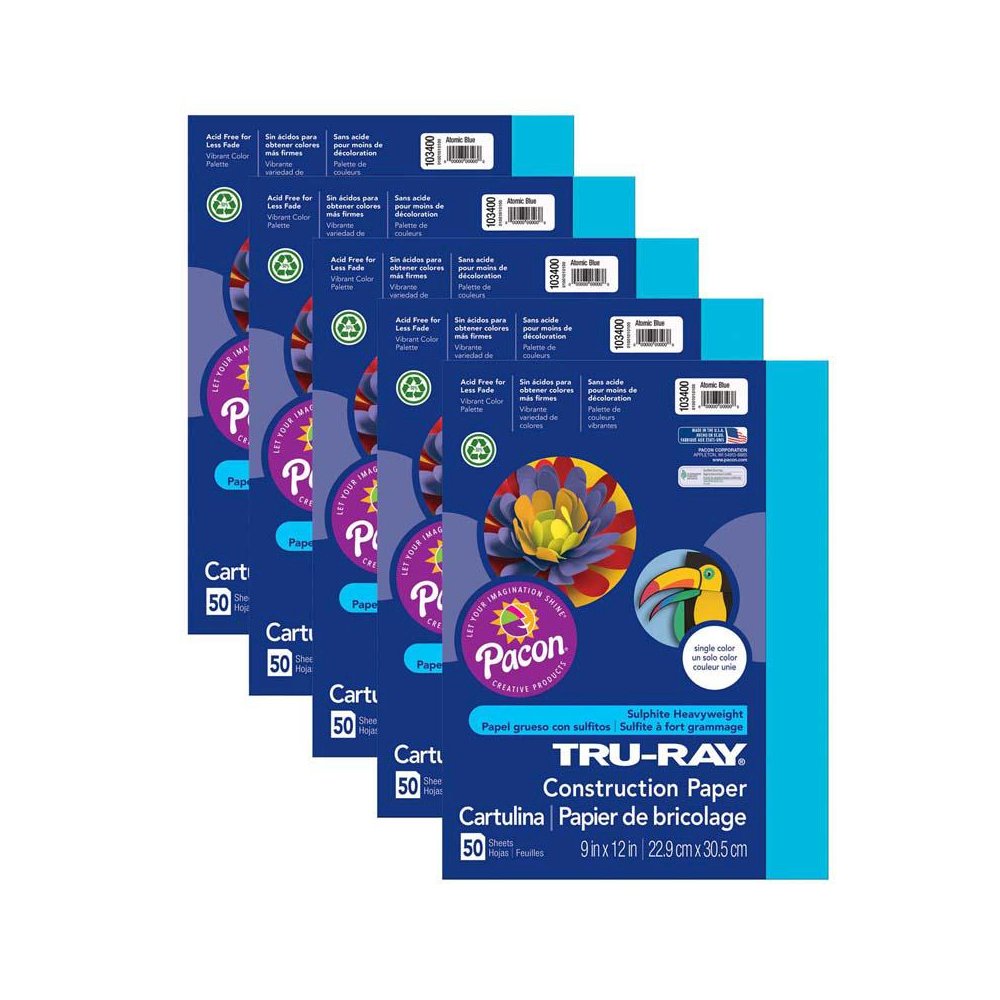 Construction Paper, Atomic Blue, 9" x 12", 50 Sheets Per Pack, 5 Packs. Picture 1