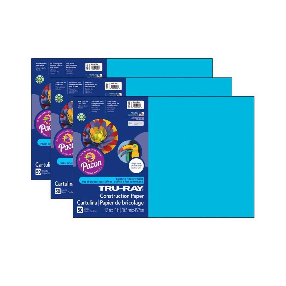 Construction Paper, Atomic Blue, 12" x 18", 50 Sheets Per Pack, 3 Packs. Picture 1