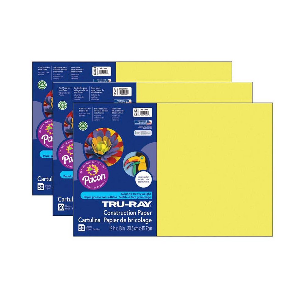 Construction Paper, Lively Lemon, 12" x 18", 50 Sheets Per Pack, 3 Packs. Picture 1