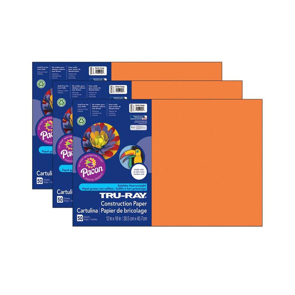 Construction Paper, Electric Orange, 12" x 18", 50 Sheets Per Pack, 3 Packs. Picture 1