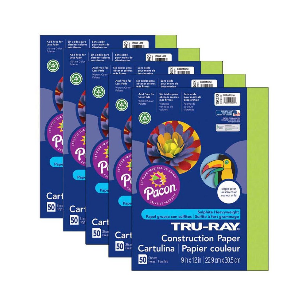 Construction Paper, Brilliant Lime, 9" x 12", 50 Sheets Per Pack, 5 Packs. Picture 1