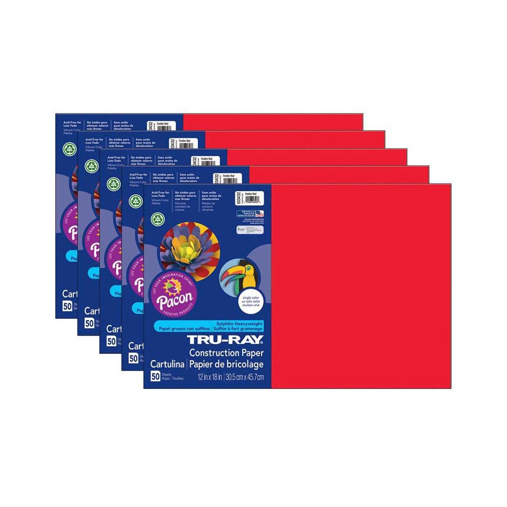 Construction Paper, Festive Red, 12" x 18", 50 Sheets Per Pack, 5 Packs. Picture 1