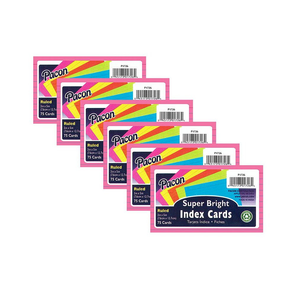 Index Cards, 5 Super Bright 0.25" Ruled, 3" x 5", 75 Cards Per Pack, 6 Packs. Picture 1
